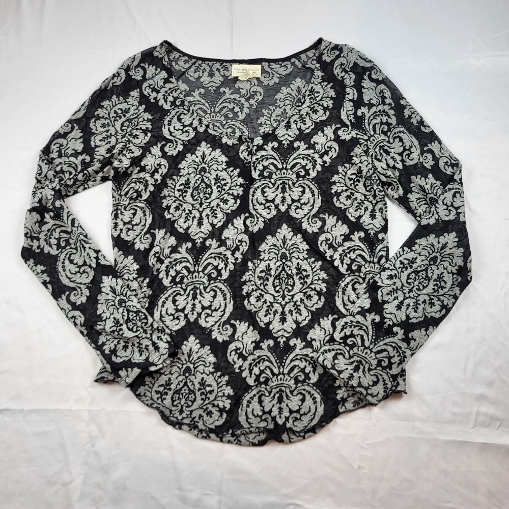Denim & Supply Ralph Lauren Blouse Womens XL Black Gray Sheer Henley Neck